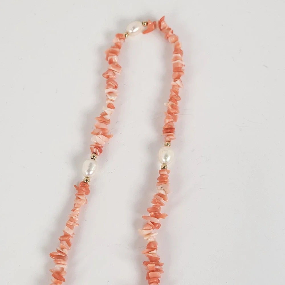 Vintage Pink Coral Chip Necklace Freshwater Pearls 14K Gold Spacers 34